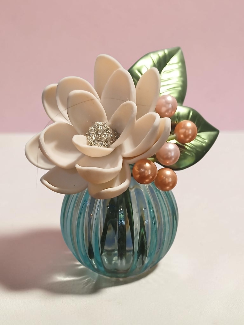 White Floral Decorative Accent in Aqua Vase Wallflower Holder
